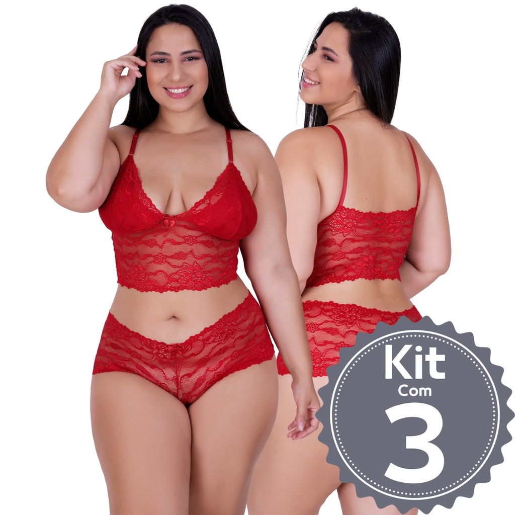 Kit 3 Conjunto Lingerie Plus Size De Renda Espera Marido Cropped E