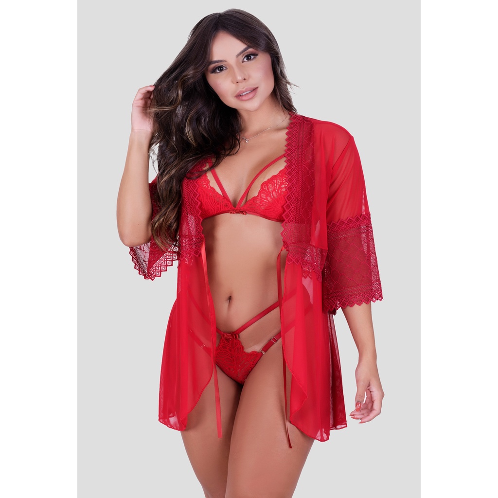 Kit Robe De Tule Conjunto Lingerie Strapy Sensual Shopee Brasil