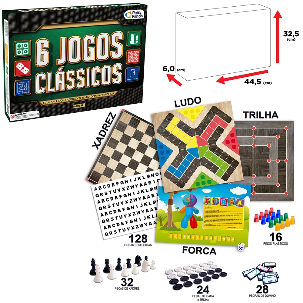 JOGO CLASSICO 6 EM 1 XADREZ DAMA LUDO DOMINO FORCA TRILHA