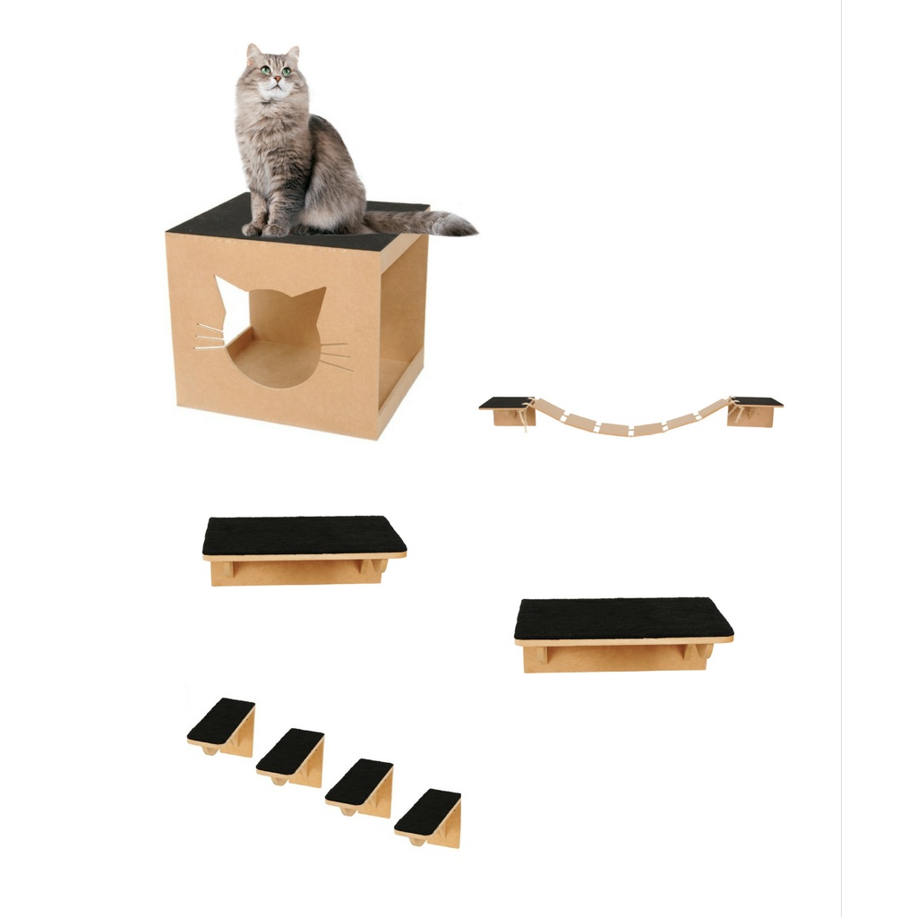 Kit Playground para Gato 8 peças Toca Casa Casinha Ponte Prateleira