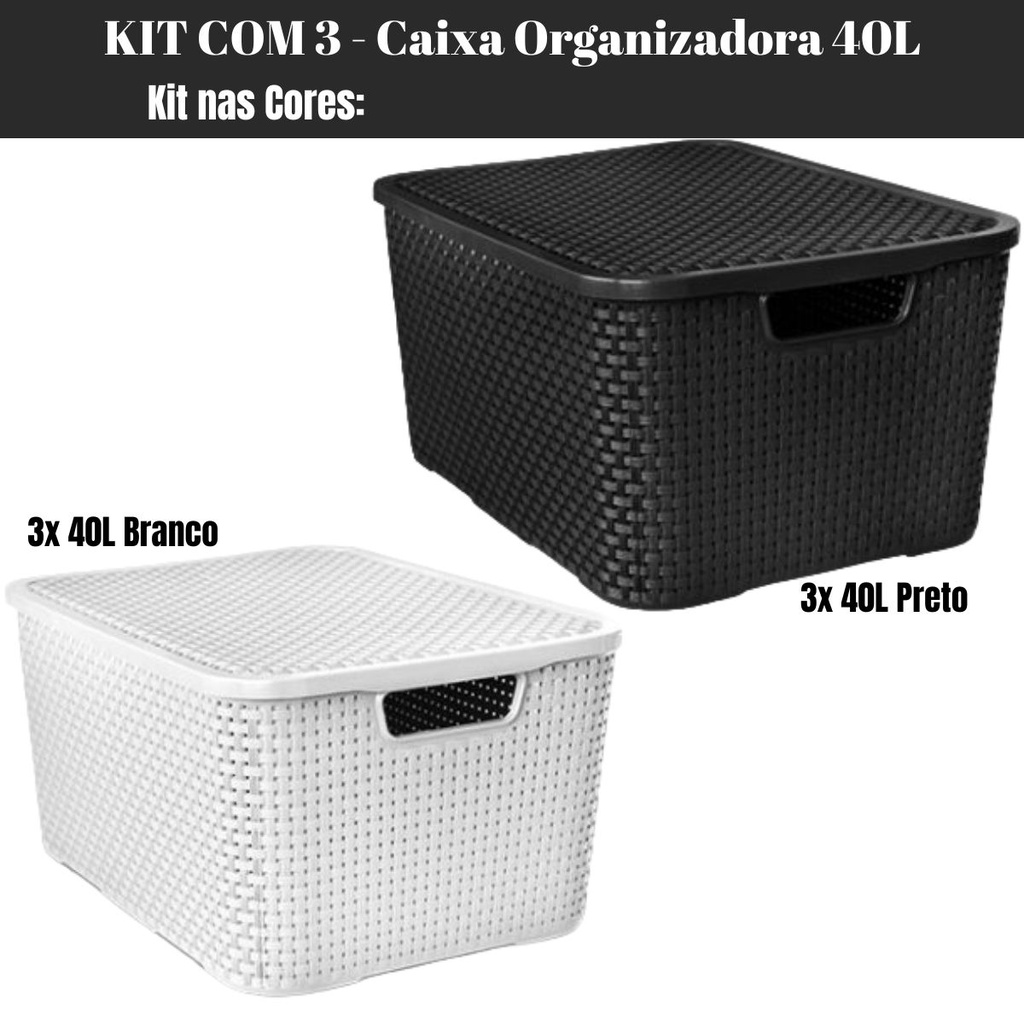 KIT 3 Cestos Caixas Organizadoras Rattan Tampa 40L Arqplast