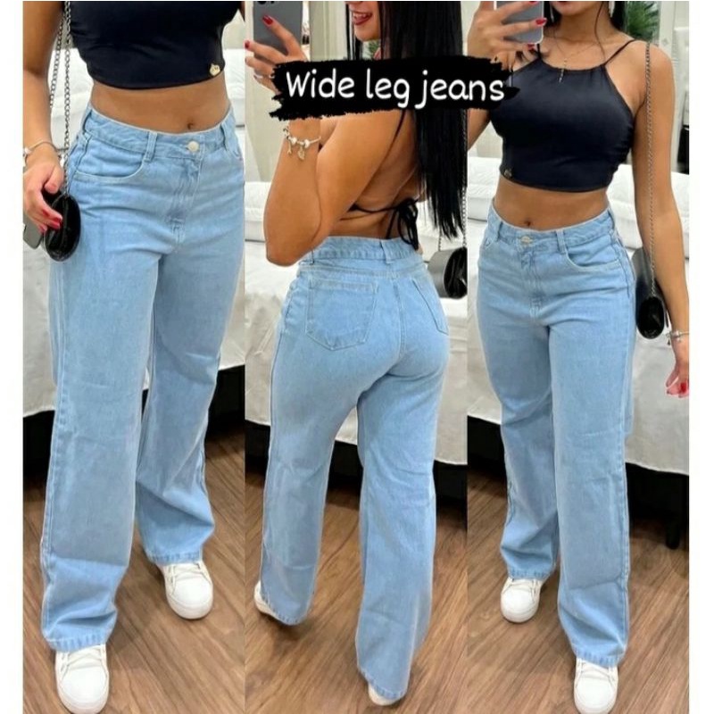 calça jeans cintura alta feminina wide leg pantalona boca larga lavagem