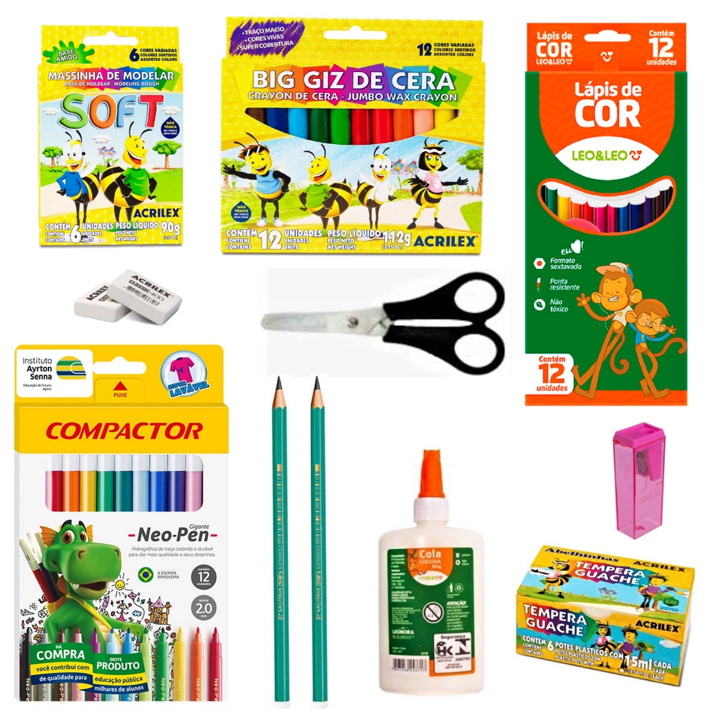 Kit Material Escolar Infantil Lápis de Cor Canetinha Giz de Cera Guache