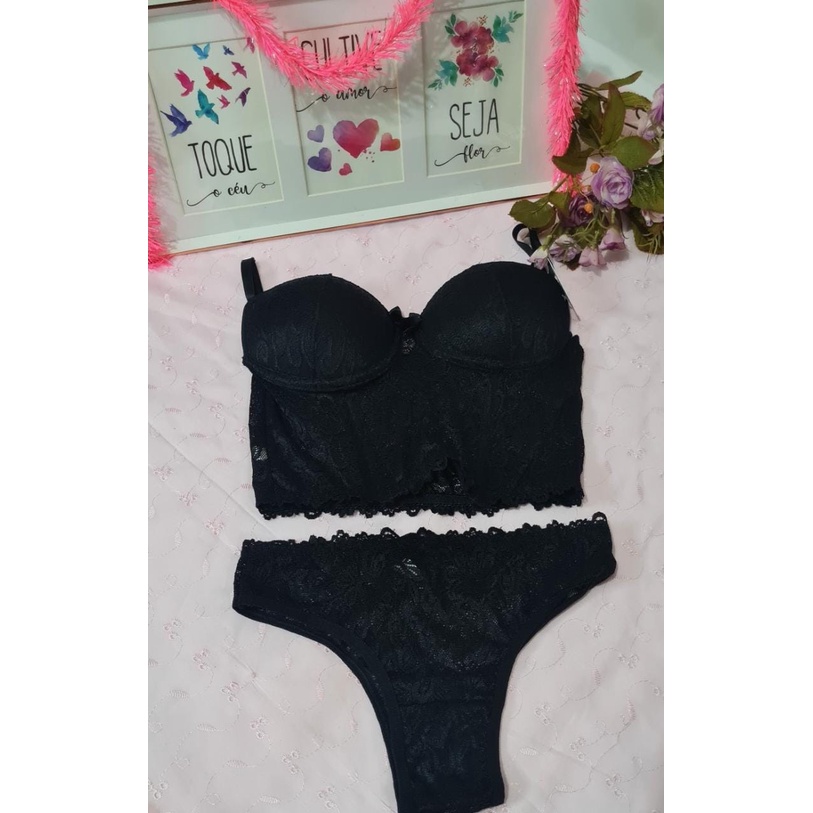 Conjunto Lingerie Preto Rendando Bojo Sexy Luxo Barato Shopee