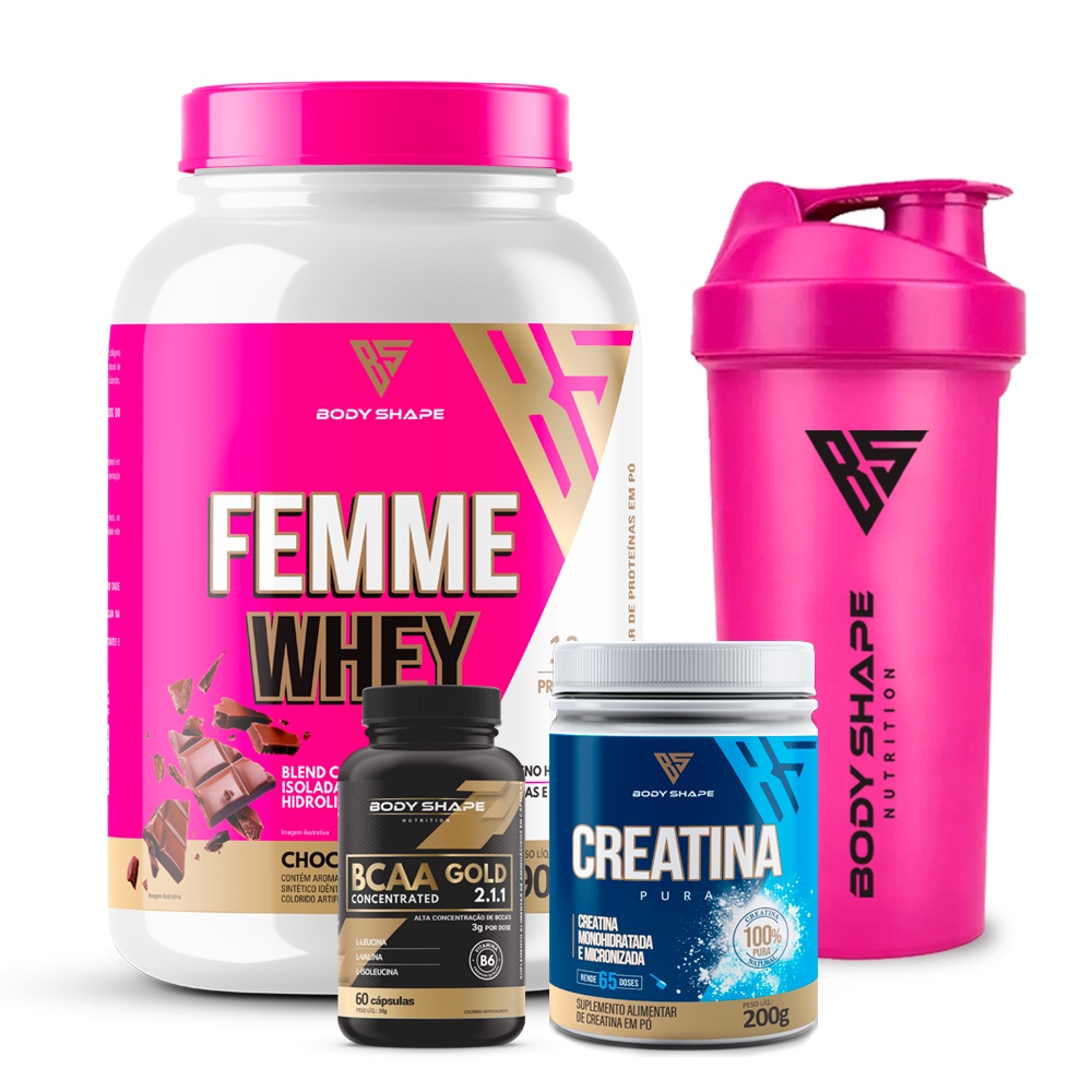 Whey Feminino 900g Creatina Pura 200g Bcaa 60 Caps Coqueteleira