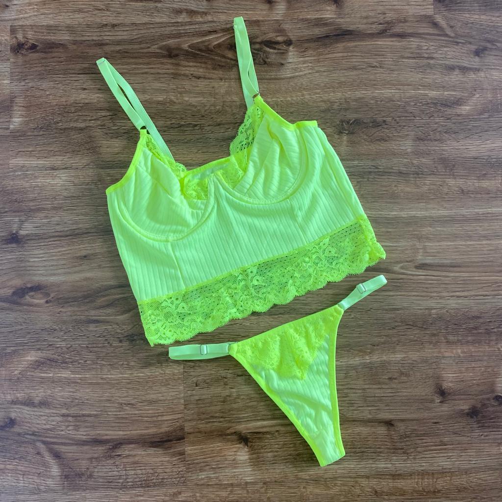 Conjunto Lingerie Cropped Sexy Canelado Renda Croped Alça Regulagem em Metal Sensual