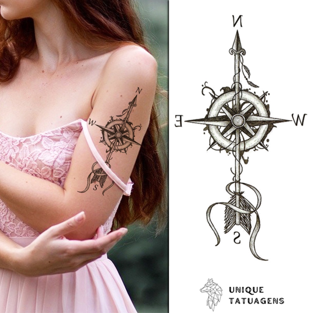 Tatuagem Fake Feminina Rosa Dos Ventos Flecha Temporaria Realista