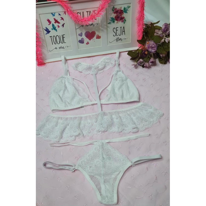 Conjunto Lingerie Branco C Gola Sem Bojo Sexy Luxo Barato Shopee Brasil