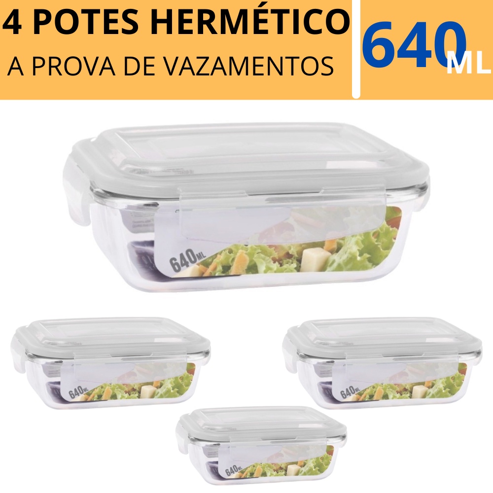 Conjunto 4 Potes Vidro Hermético C Tampa 640ml Marmita Fitness