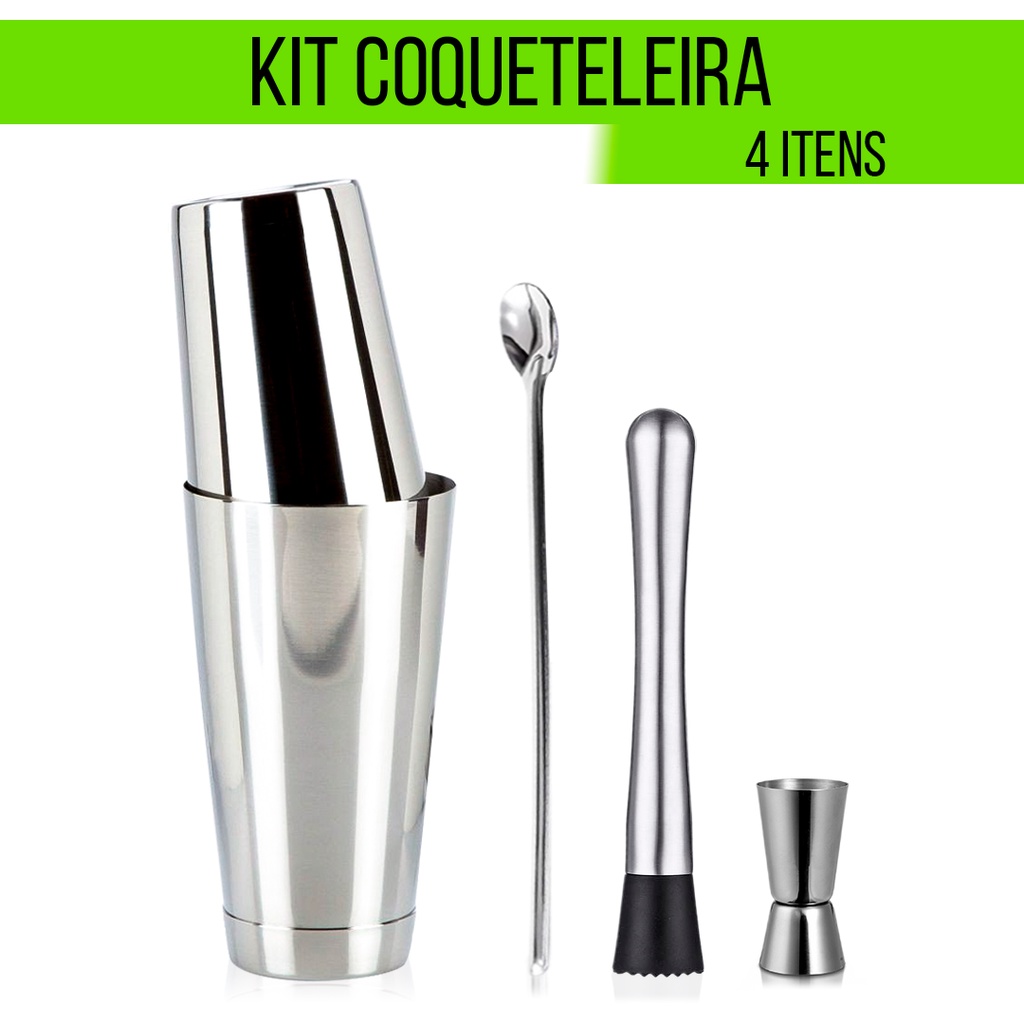 Kit Coqueteleira Tipo Boston Premium 4 Itens Dosador Colher Socador Ou