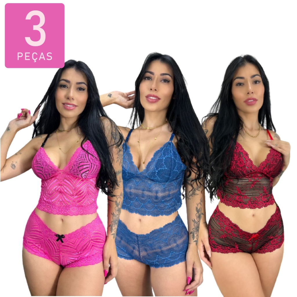 Kit Conjunto Calesson Espera Marido Renda Forro Sem Bojo Lingerie