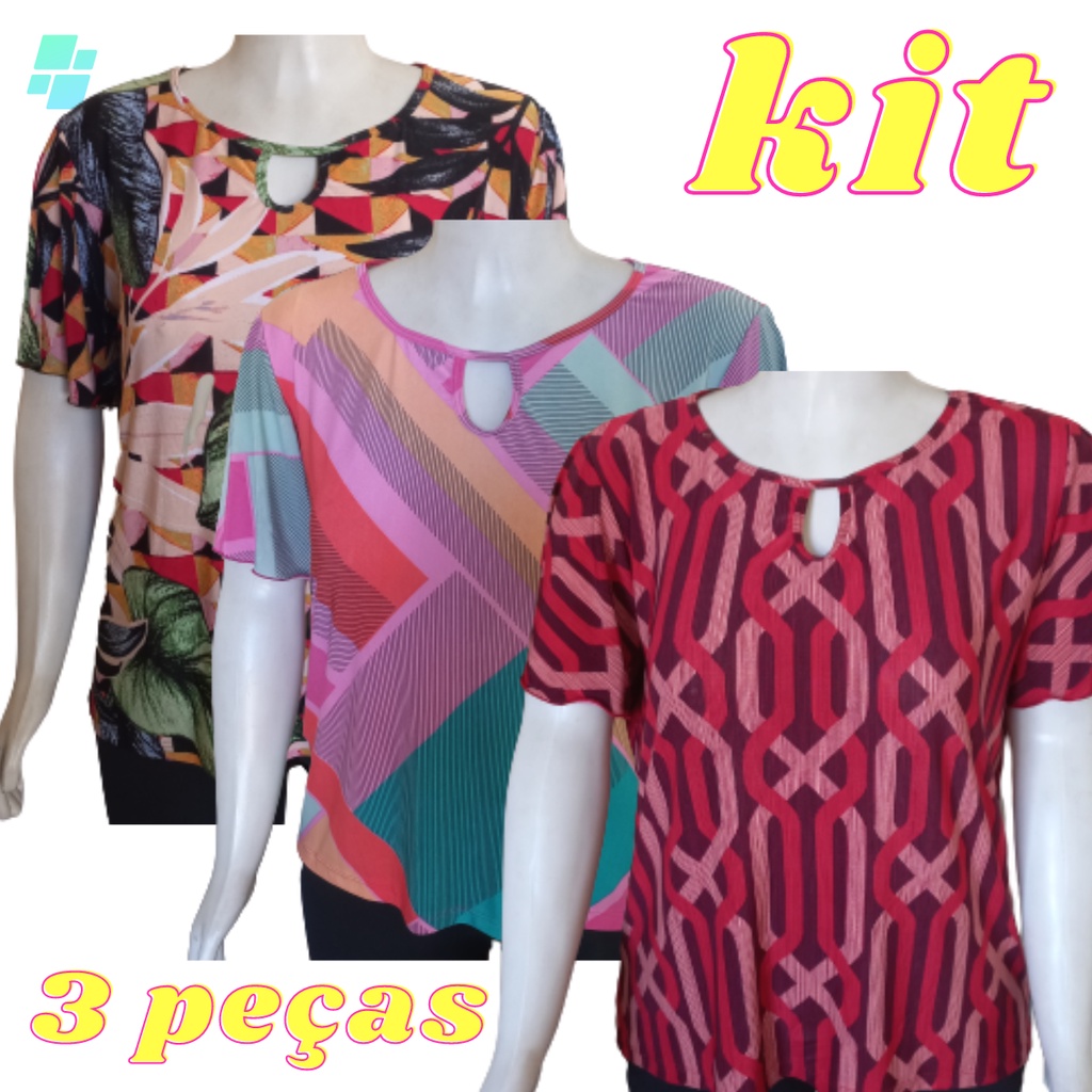 Kit 03 Blusas Feminina Liganete Estampada Manga Plus Size Shopee