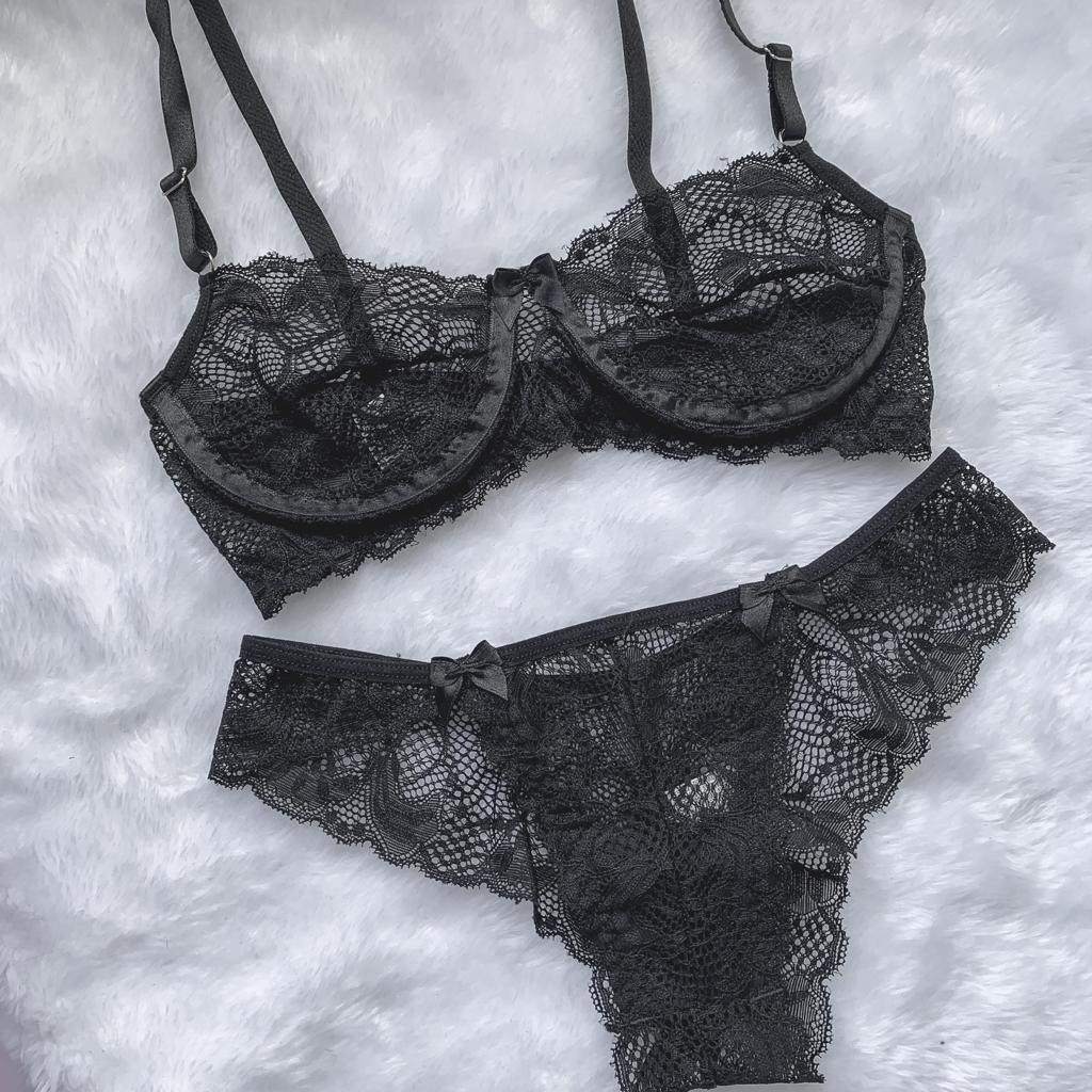 Conjunto lingerie sutiã de renda sem bojo aro meia taça calcinha