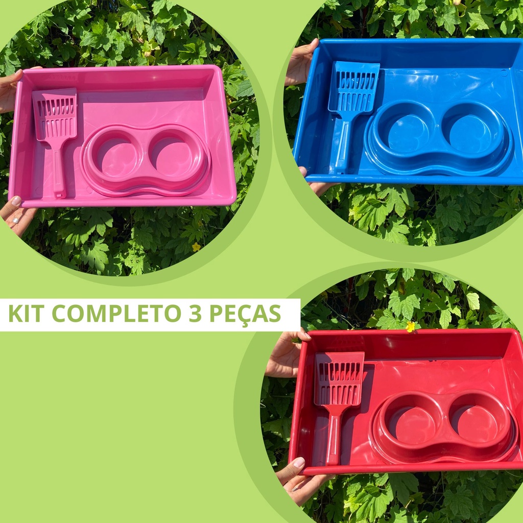 Kit Caixa De Areia Para Gatos Comedouro Bebedouro Duplo P