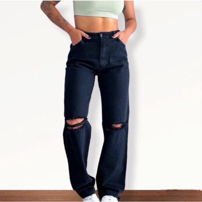 Calça Jeans Feminina Preta Wide Leg Reta Cintura Alta Rasgo no