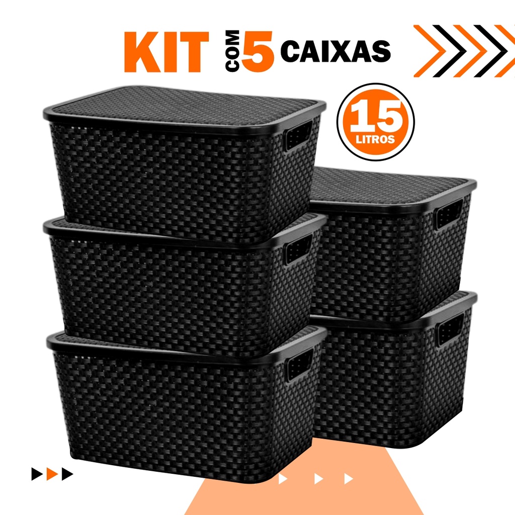 Kit 5 Caixas Cestos Tampa Organizador Rattan 15 Litros Arqplast