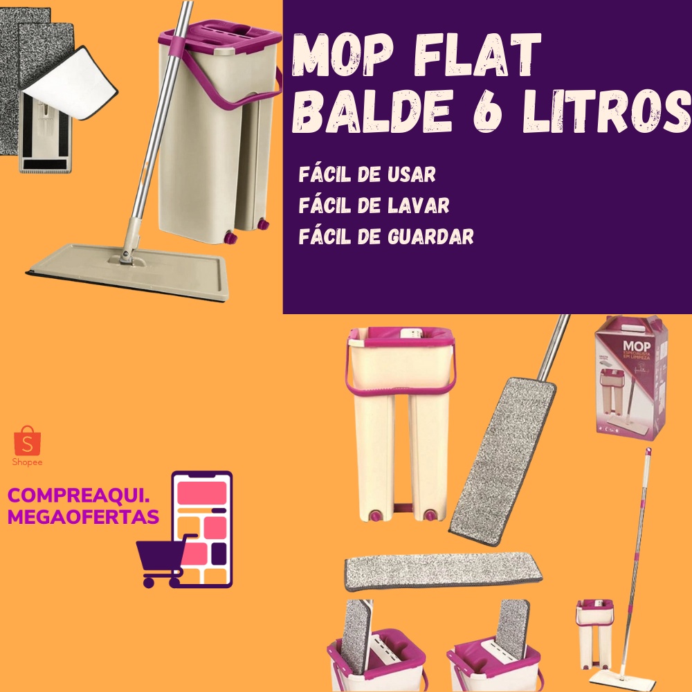 Mop Flat balde 6 litros 2 refis cabo extensível inox Shopee