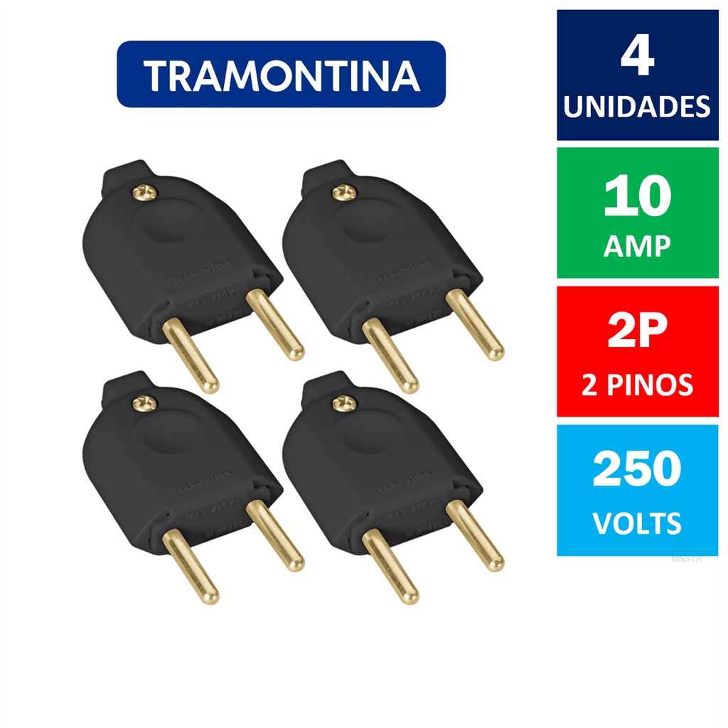 Kit 4x Plugue Macho 2 Pinos 10A 250V Preto Tramontina Tomada