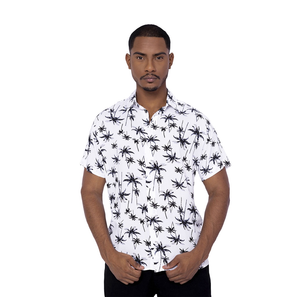 Camisa Floral Masculina Manga Curta Coqueiro Barata Praia Social Slim