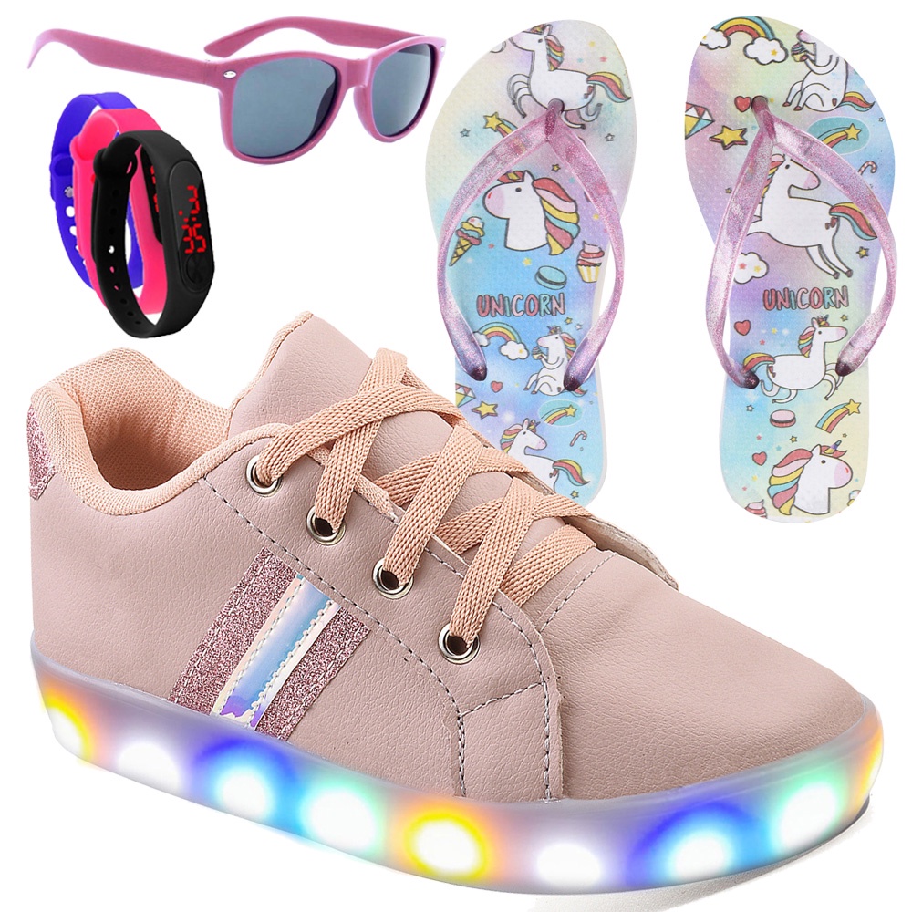 Tenis Feminino Infantil De Led Meninas Light Nude Rosê Chinelo Óculos e Relógio Trc Shopee Brasil