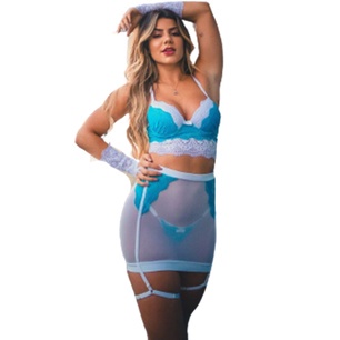 Conjunto Lingerie Langerie Azul Sexy Sensual De Luxo Saia Aberta E