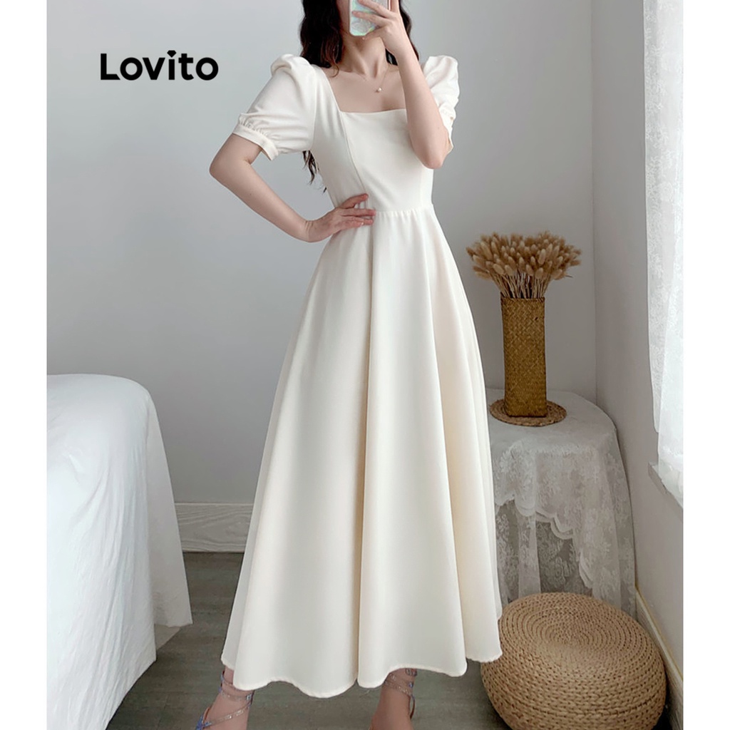 Lovito Elegante Vestido De Baile Babados Liso E Decote Quadrado