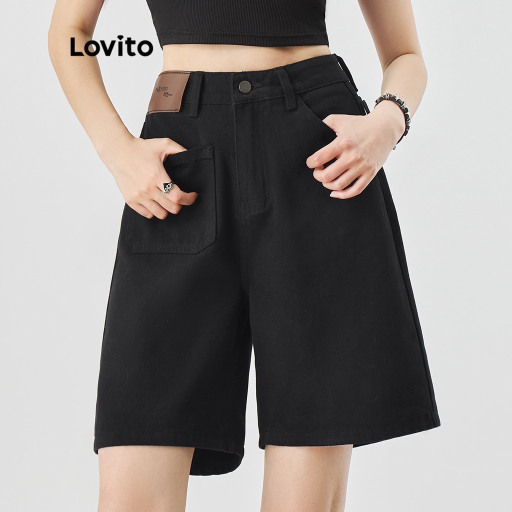 Lovito Bermudas Casuais Bolso Liso Shorts Jeans Z Per Frontal