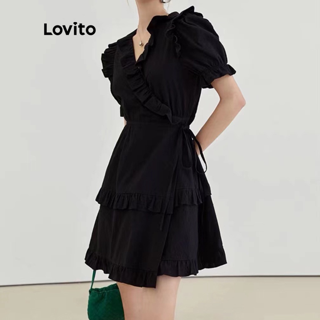 Lovito Casual Vestido Feminino Liso Amarrado Manga Bufante E Bainha