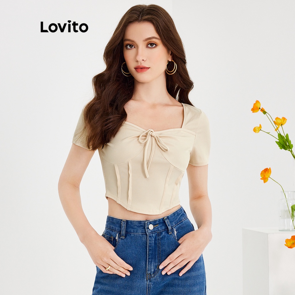 Lovito Casual Camiseta Feminina Lisa Amarrada De Manga Curta Gola