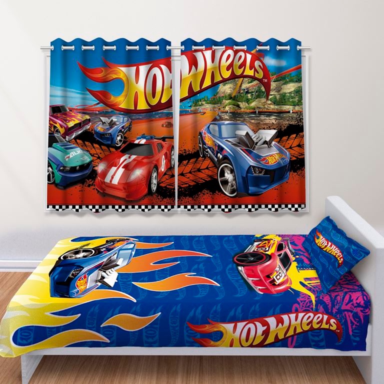 Kit Jogo de Quarto Infantil Cortina Jogo Lençol Cobre Leito Hot Wheels