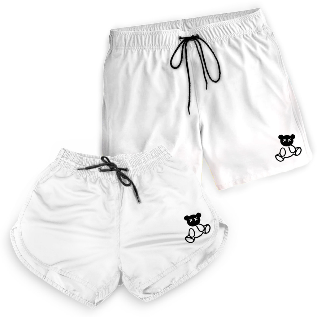 Kit Casal Short Branco Bermuda Tactel Moda Praia Verão Estampado Urso