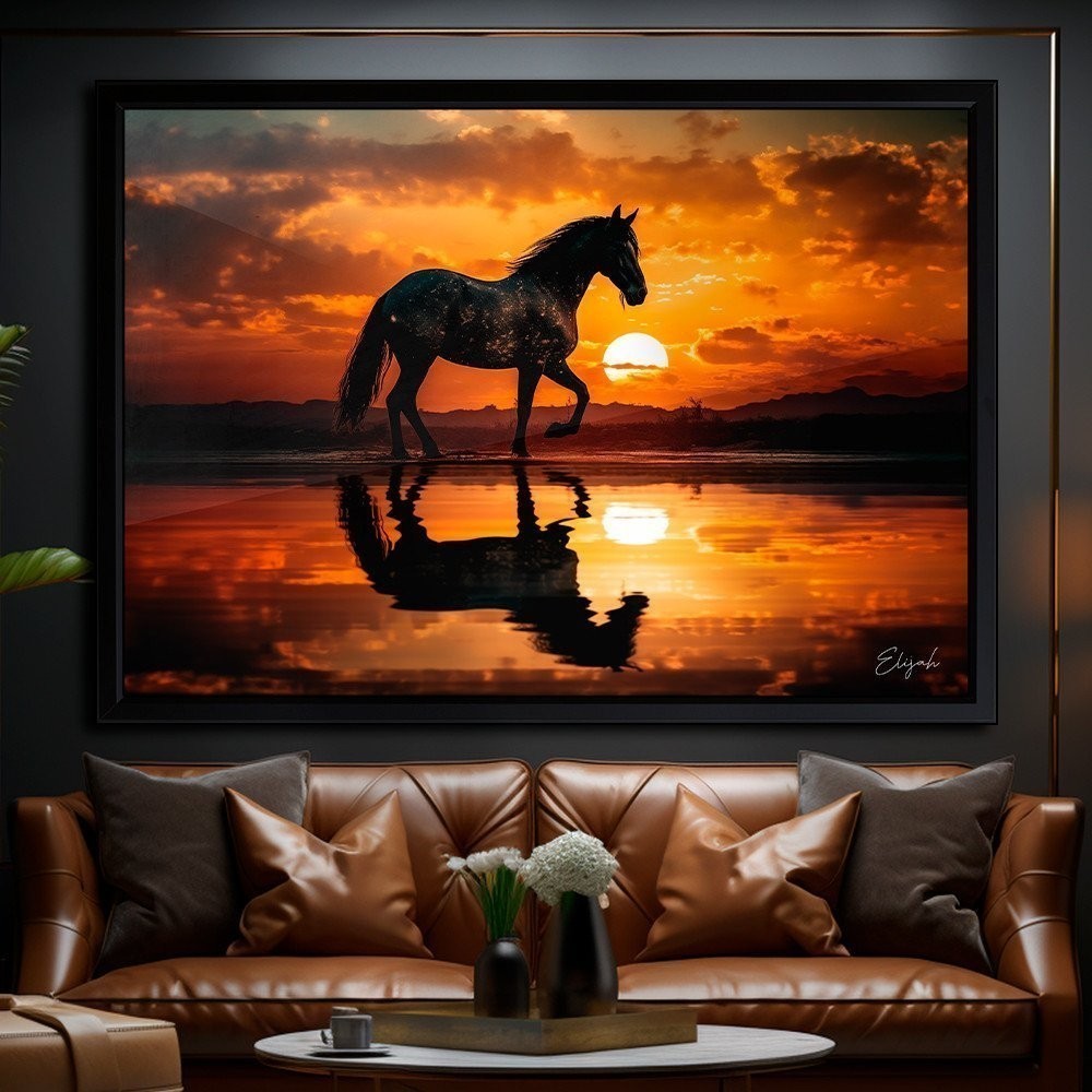 Quadro Decorativo 115x80cm Grande Luxo Cavalo Por Do Sol Realista