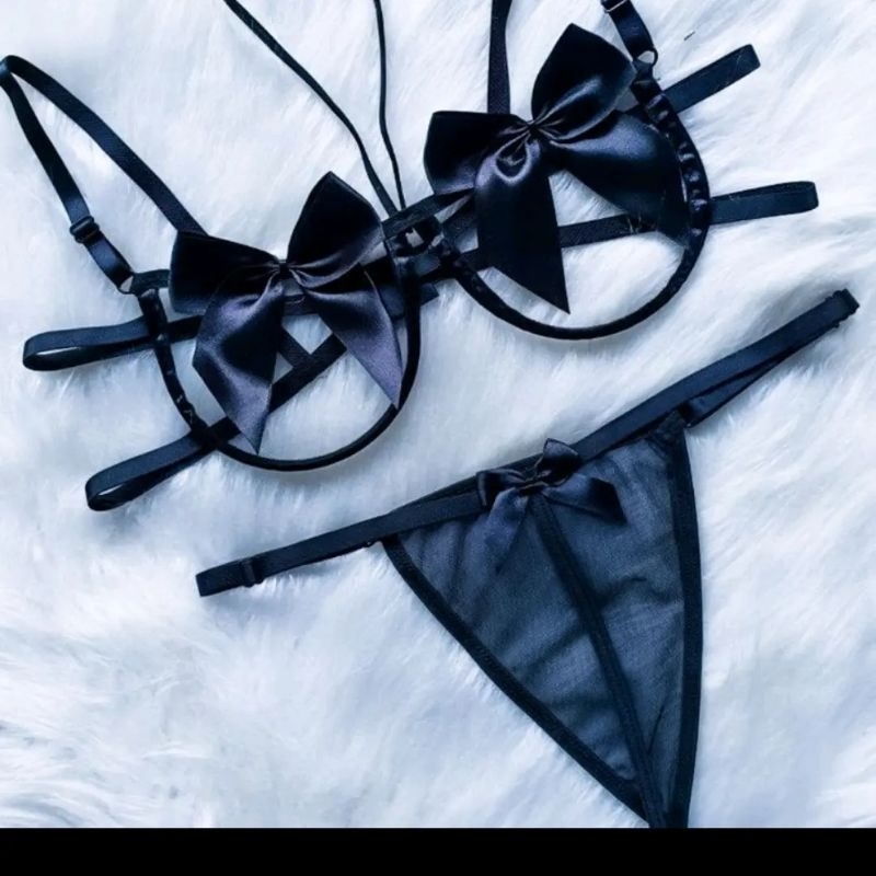 Conjunto de Lingerie Sensual Sutiã Aro Laço Calcinha Fio Dental de Tule