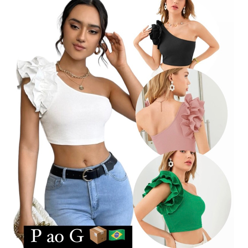 blusa feminina Branca Mula manca bainha camadas babado verão cropped