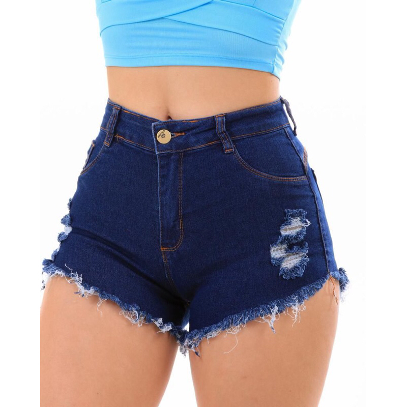 Shorts Jeans Feminino Preto Curto Cintura Alta Destroyed Hot Pants