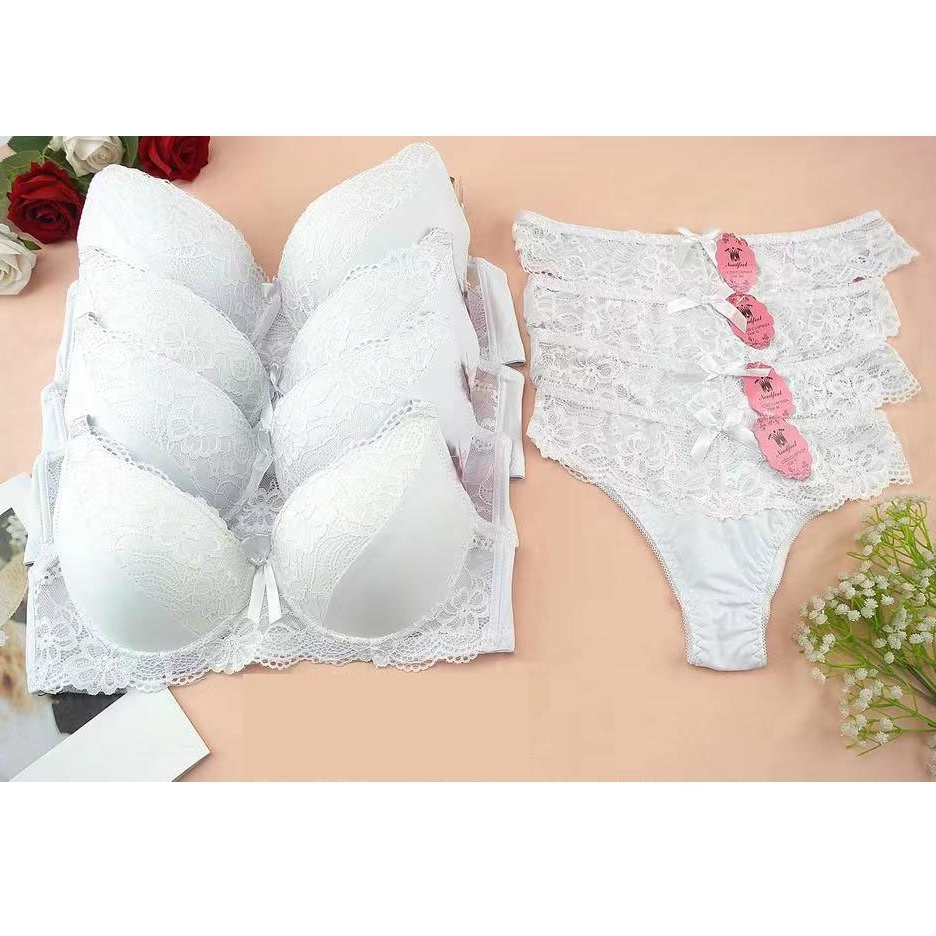 Conjunto Lingerie Calcinha E Sutia Bojo Branco Renda Luxo Sensual