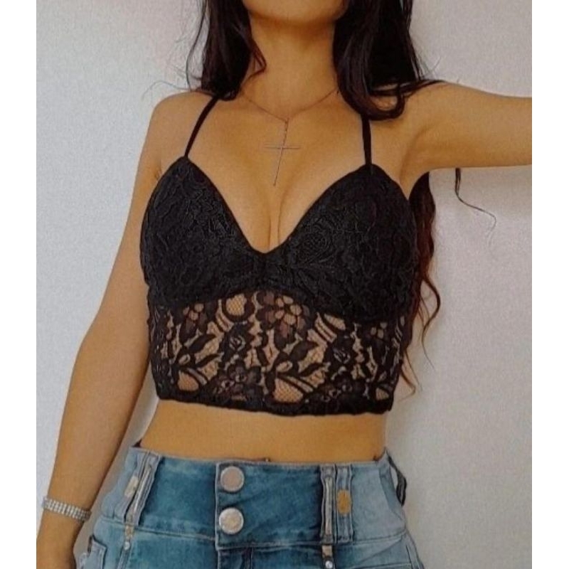 Cropped De Renda Feminino Preto Bojo Shopee Brasil