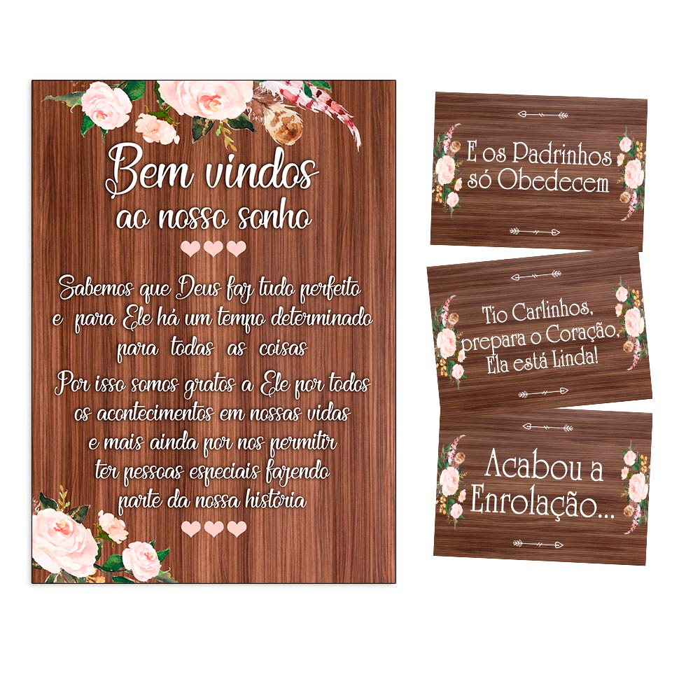 Kit Placa Recepção 40x60cm E 3 Placas 25x35cm Cortejo Casamento