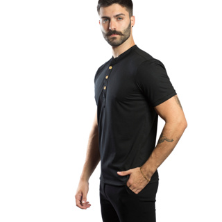 Camisa Henley Slim Manga Curta Gola Padre Botão de Madeira Shopee