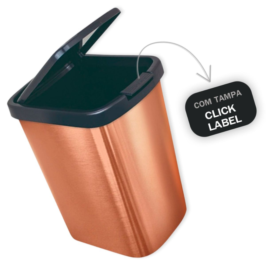 Lixeira Cesto 9 Litros Para Cozinha BanheiroTampa Click Label Bronze