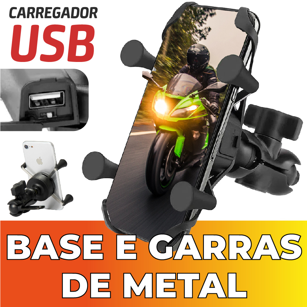 Suporte Celular Moto Universal Carregador USB Bivolt Garra X