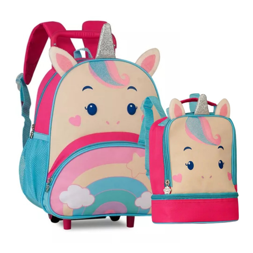 Kit Escolar Infantil Animais Mochila De Rodinhas E Lancheira Linha Clio