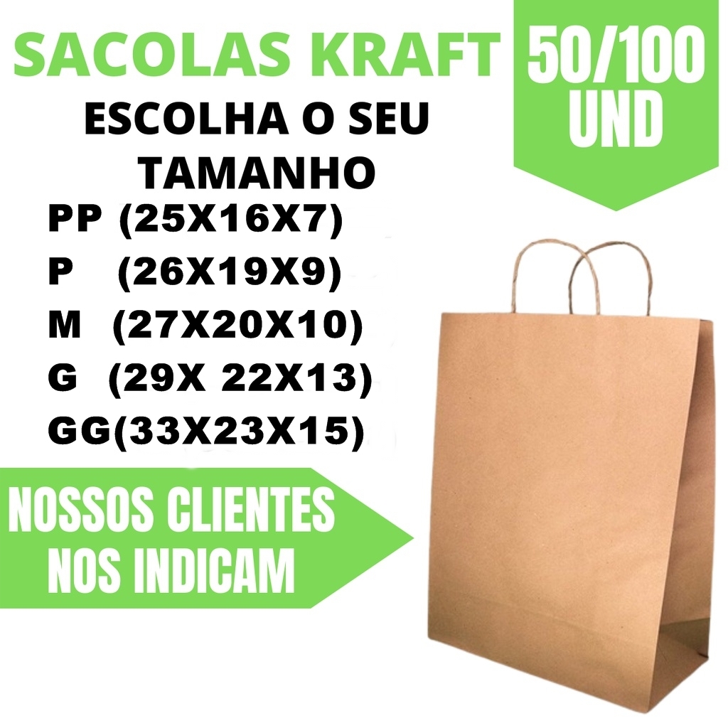 Saco Kraft Embalagem Para Delivery Pacotes 50 E 100 Unidades