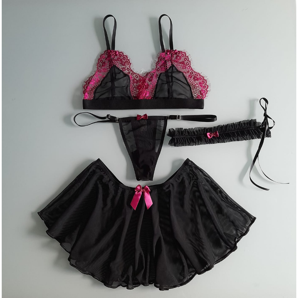 Conjunto Lingerie Sexy Tule E Renda Persex E Mini Saia Shopee Brasil