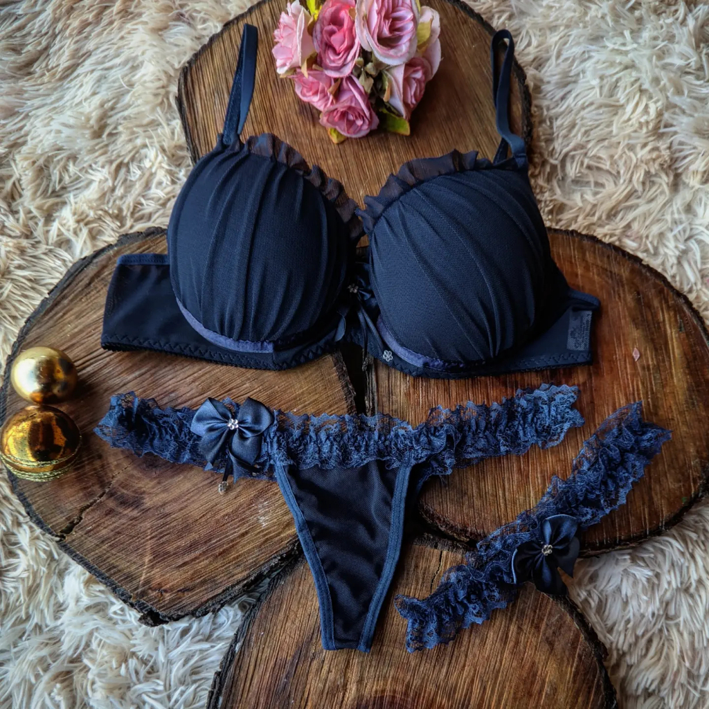 Conjunto Perneira Lingerie De Luxo Calcinha Fio Dental Langerie Sensual