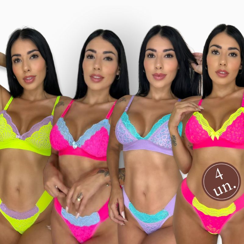 Promoção Kit 4 Lingerie Atacado Calcinha e Sutiã Renda Luxo Neon Moda