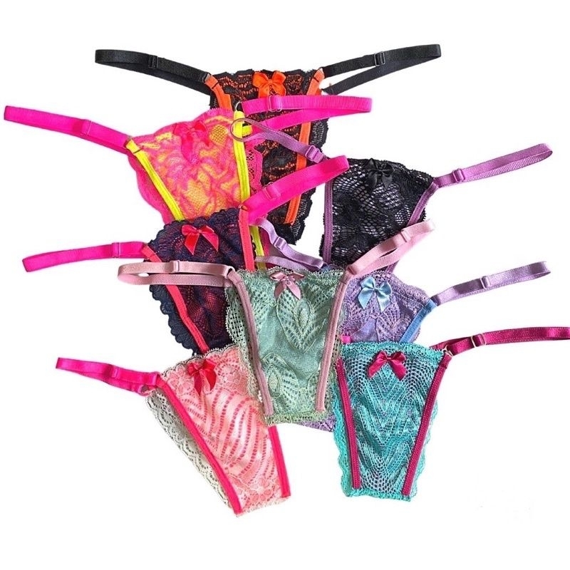 Kit Calcinhas Renda Neon Color Sensual Regulagem Lateral Tanga Fio