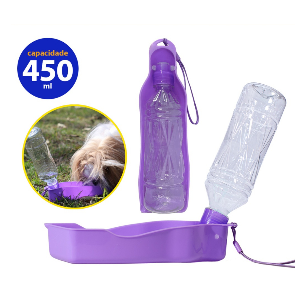 Garrafa Bebedouro Portátil Para Cachorro Pet Drinker 450ml Roxo Savana