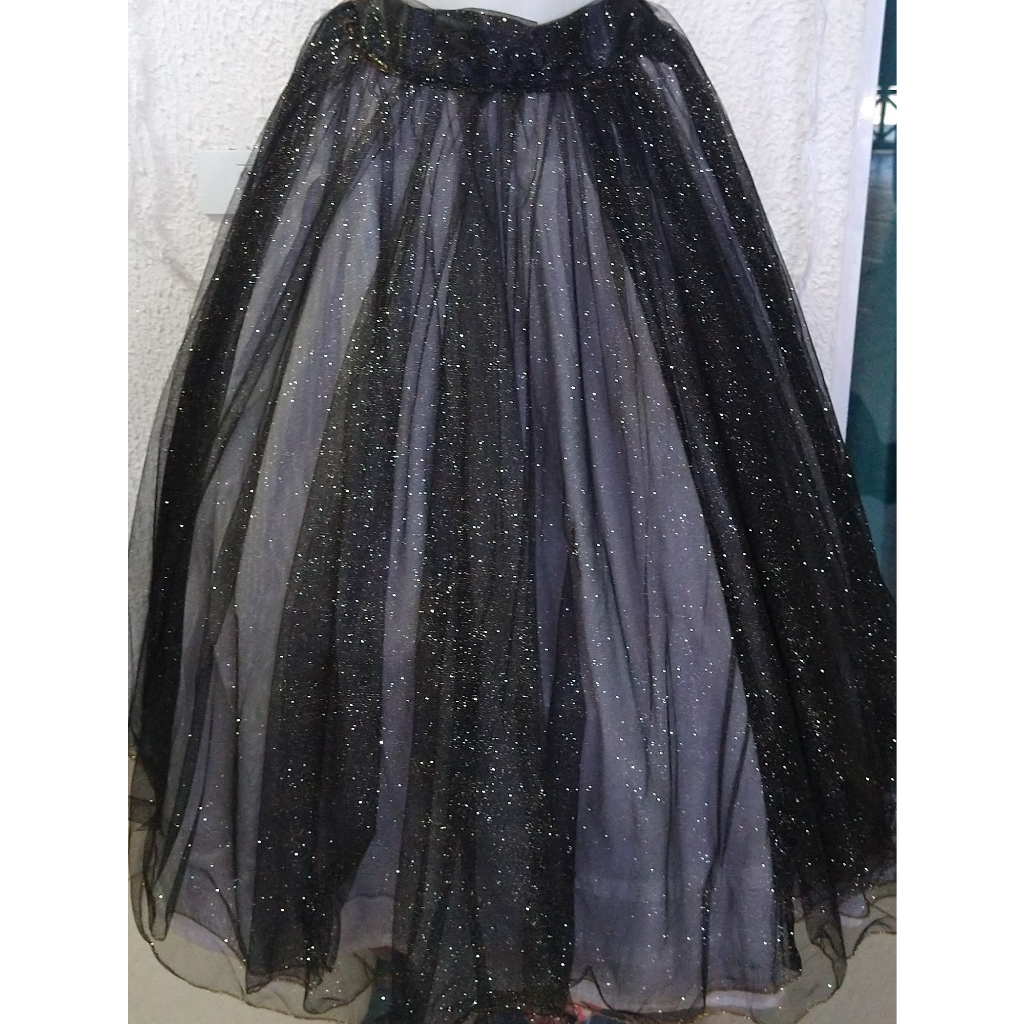 Saia De 3m Transparente De Tule Preto Glitter Prata Informar Sua