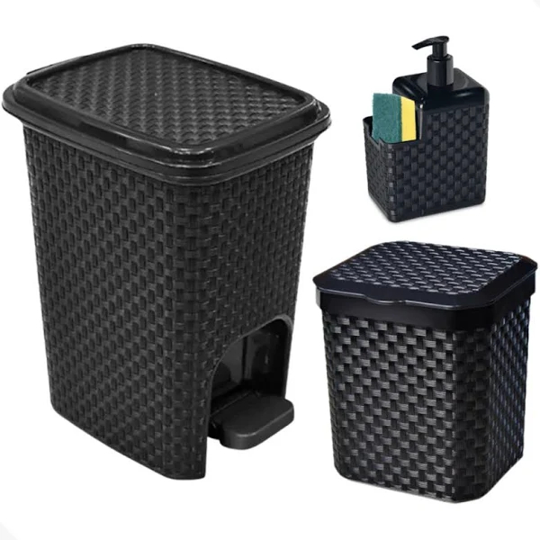 Kit Cozinha Rattan Preto Lixeira 5 Litros Lixeira Pedal 7 Litros